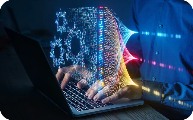 A person using a laptop with overlaid data streams and AI visuals, illustrating the divide and complexity in modern data observability systems.