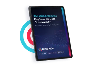 The 2026 Enterprise Playbook for Data Observability” by DataRadar, featuring a digital-themed cover design with data visualization graphics.